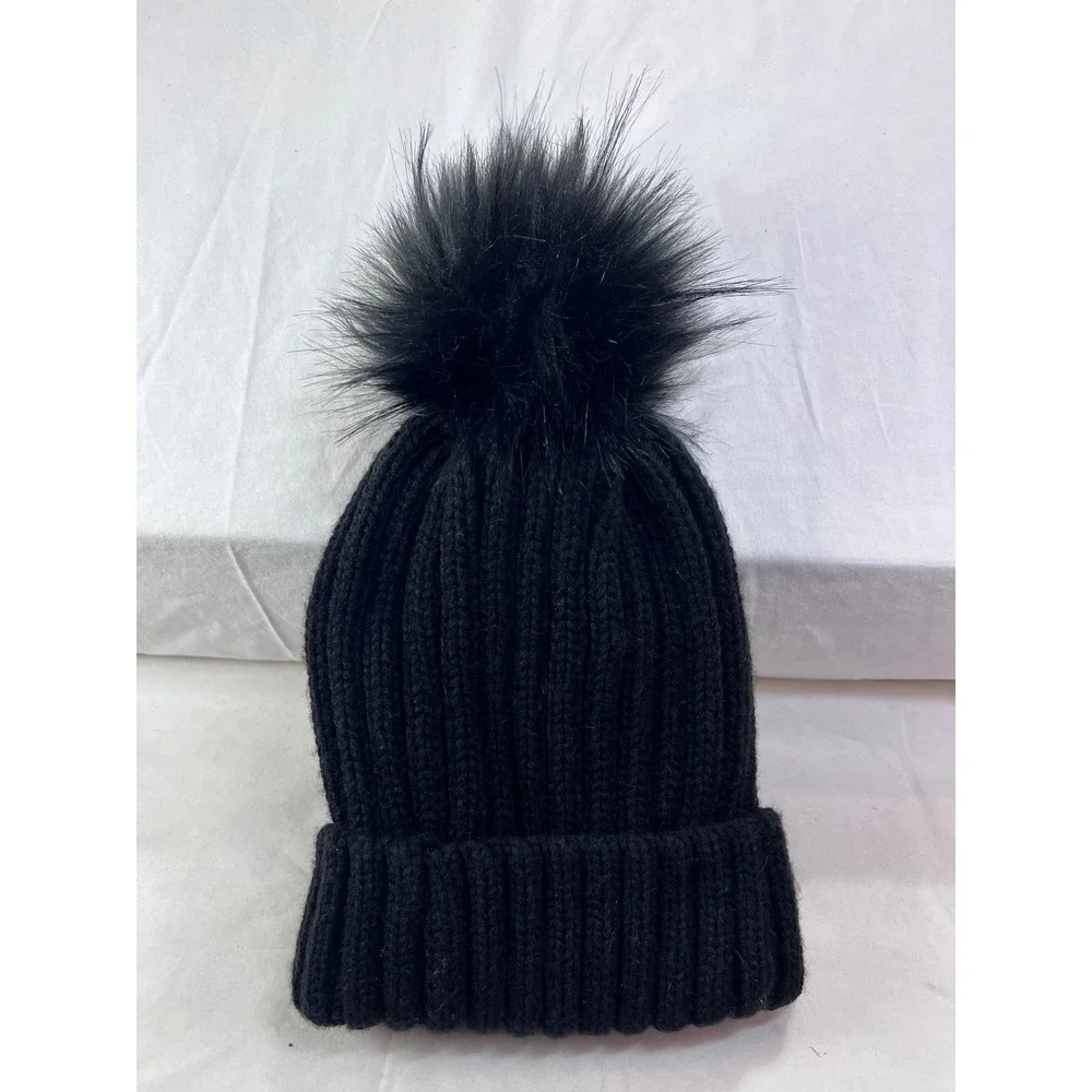 FURTALK Women Black Ribbed Knit Beanie Faux Fur Pom Pom Winter Hat